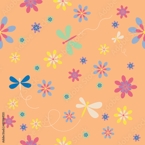 Spring and Summer dragonflies and flowers. Fun and colorful (peach background) - Seamless pattern