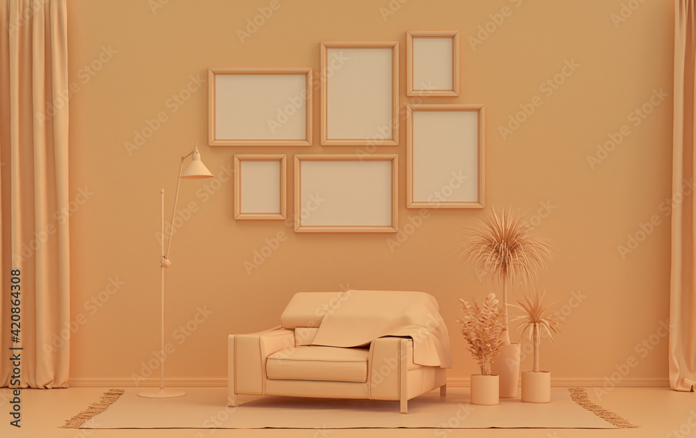 Wall mockup with six frames in solid flat pastel orange pinkish color, monochrome interior modern living room with furnitures and plants, 3d rendering Wall mockup with six frames in solid flat pastel orange pinkish color, monochrome interior modern living room with furnitures and plants, 3d rendering