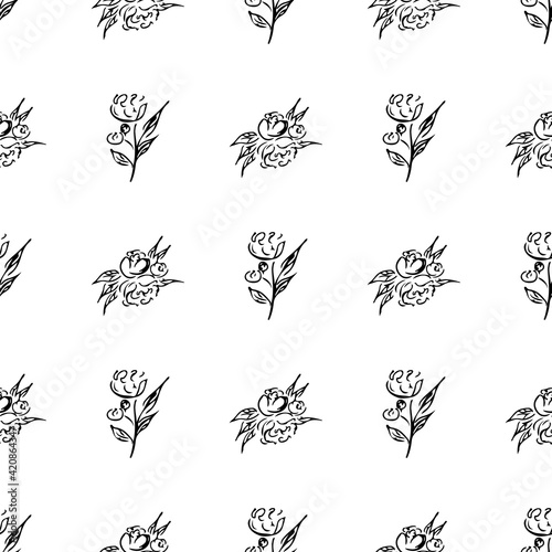 Doodle simple vector seamless pattern of hand-drawn peonies. Seamless random pattern of hand-drawn peonies. Isolated on white background.