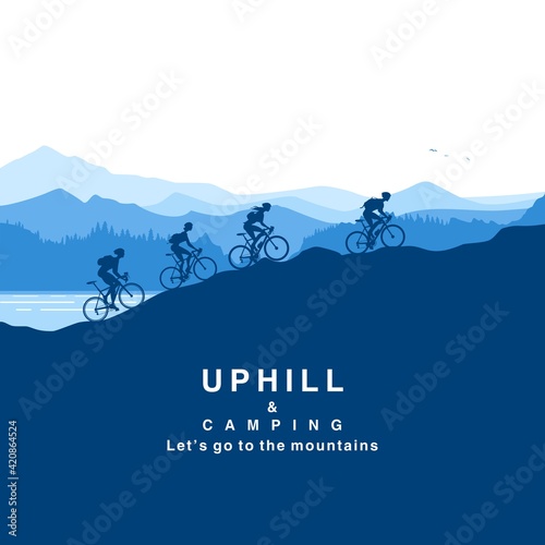 A group of campers climbing the mountain by bicycle at sunrise. Up hill and camping vector illustration.