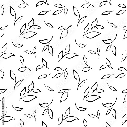 Black leaf branches scattered on a white background - Seamless pattern