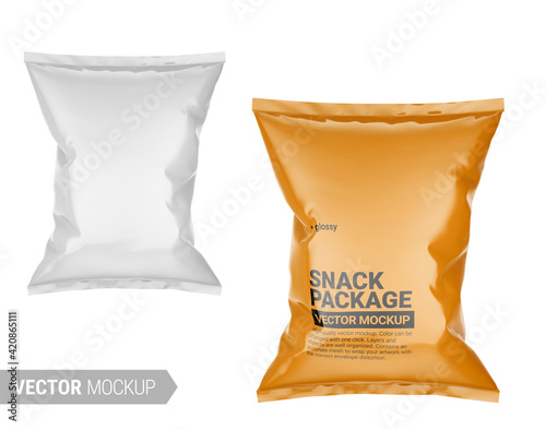 Glossy white snack package template. Vector mockup.