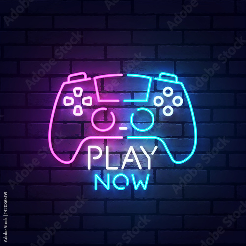 Play Now neon sign, bright signboard, light banner. Game logo neon, emblem. Vector illustration