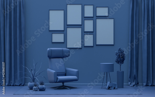 Modern interior flat dark blue color room with furnitures and plants, gallery wall template with 9 frames on the wall for poster presentation, 3d Rendering