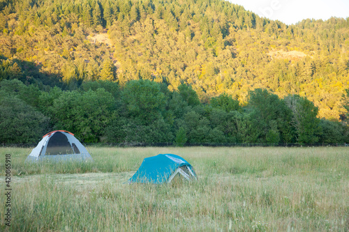 Two blue and teal tents for camping in a grassy field with pine tree covered mountain in background