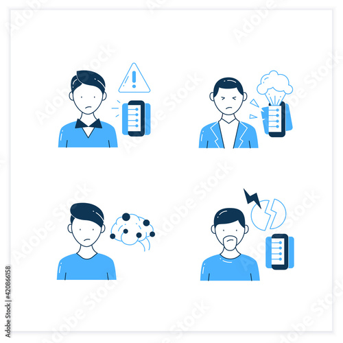 Information overload flat icons set. Consists of continuous partial attention, information explosion, Fake info, anxiety. Vector illustrations