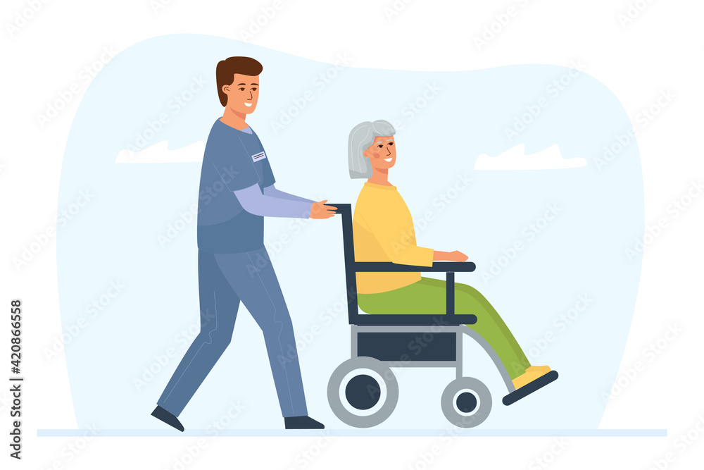 A medical worker pushes a wheelchair with an elderly disabled woman. Caregiver for the patient.