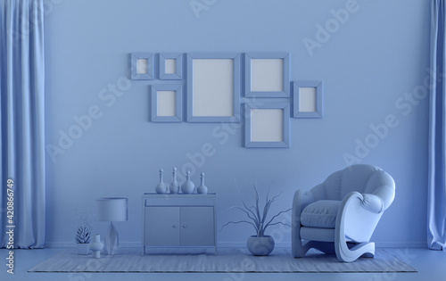 Minimalist living room interior in flat single pastel light blue color with seven frames on the wall and furnitures and plants, in the room, 3d Rendering © markOfshell