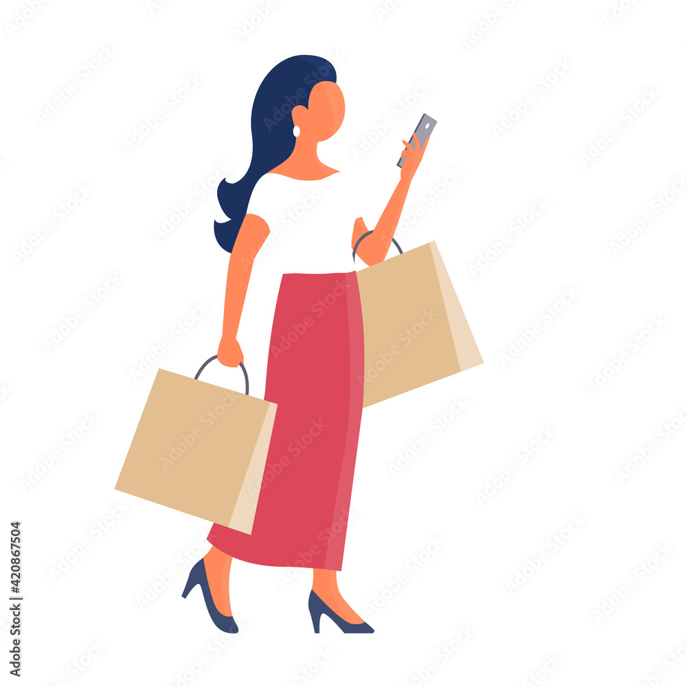 A beautiful girl goes shopping and talks on the phone. She is wearing a long red skirt. In the hands of the packages. Vector isolated flat illustration A beautiful girl goes shopping and talks on the phone. She is wearing a long red skirt. In the hands of the packages. Vector isolated flat illustration