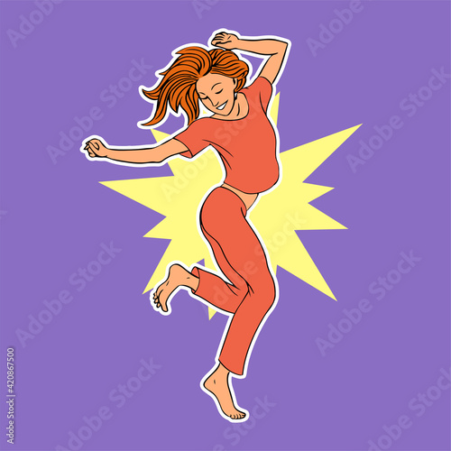 Young beautiful girl in a cheerful dance. Happy female character. Vector cartoon illustration pop art