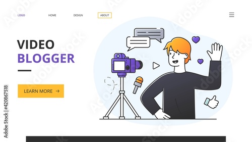 Young male video blogger recording a clip with speech icons