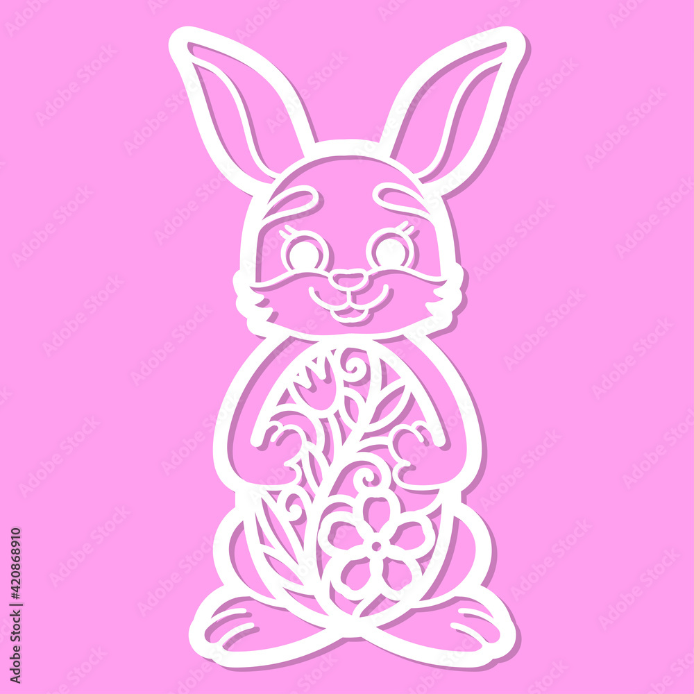 Laser cutting template. Easter bunny holds an egg in its paws. For cutting from any materials. Vector