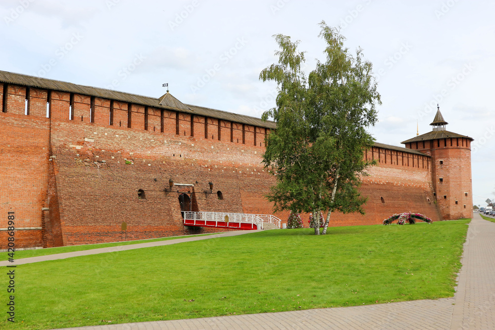 medieval Kolomna kremlin old fortress red brick wall and tower summer view