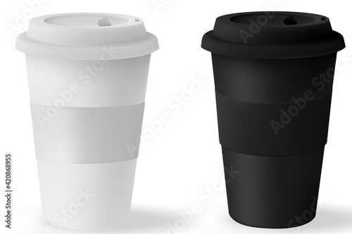 Paper cup mockup coffee with black lid isolated on white background. Take away tea cup empty blank copy space.