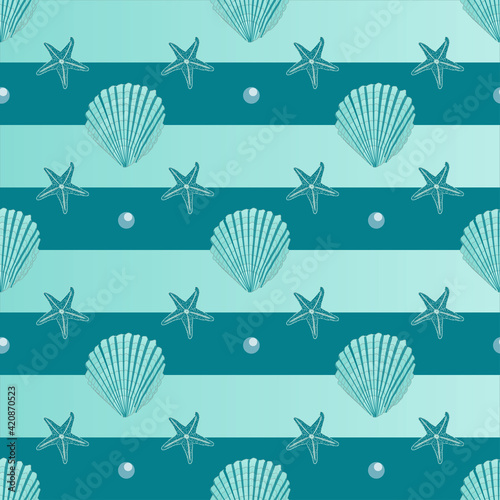 vector seamless striped sea pattern with seashells and starfish