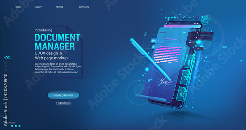 Document manager - Mobile Phone App for business. Signing a contract or agreement online. Digital signature concept using a pen on a phone or tablet display. E-signature and high level of protection
