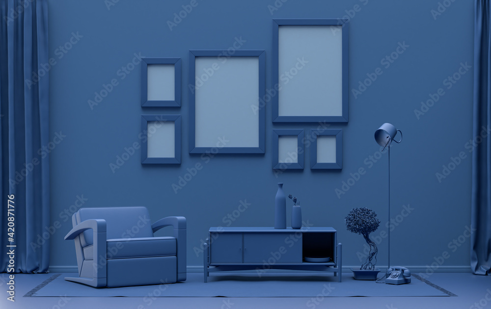 Mock-up poster gallery wall with six frames in solid pastel dark blue room with furnitures and plants, 3d Rendering Mock-up poster gallery wall with six frames in solid pastel dark blue room with furnitures and plants, 3d Rendering