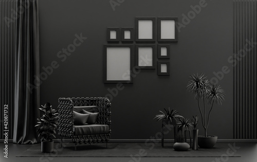 Modern interior flat black and dark gray color room with single chair and plants, gallery wall template with eight frames on the wall for poster presentation, 3d Rendering