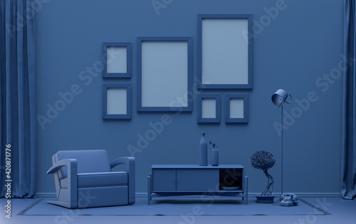 Mock-up poster gallery wall with six frames in solid pastel dark blue room with furnitures and plants, 3d Rendering
