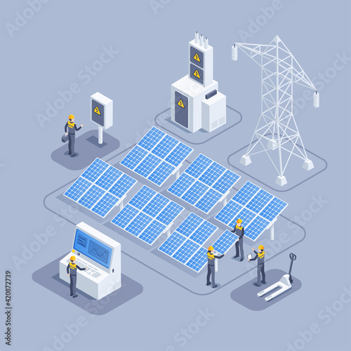 isometric vector illustration on gray background, workers install and configure solar panel system, green energy and conservation technologies