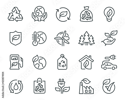 Ecology Icons Set. Collection of linear simple web icons such as Recycling, Alternative Energy Source, Ecohouse, Environmental Protection, Global Warming and other. Editable vector stroke.