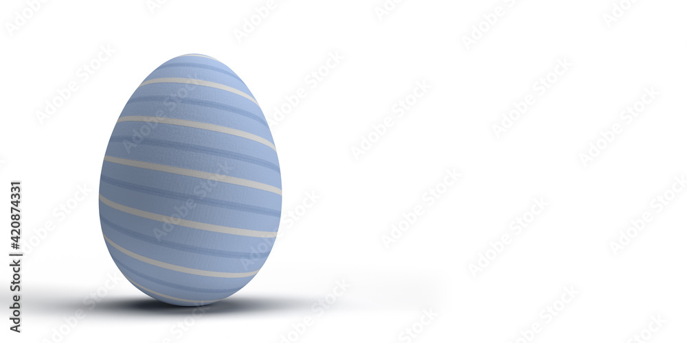 Easter 3D render concept: A decorative egg with beautiful and authentic blue design. White background with smooth shadow and large copy space. Illustrated graphic object. Shiny surface