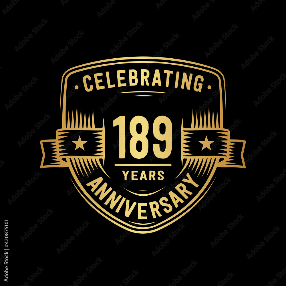 189 years anniversary celebration shield design template. Vector and illustration