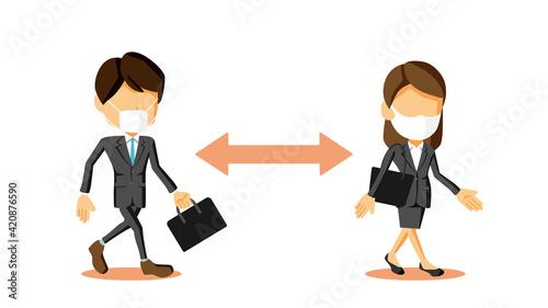 距離を空けて通勤するスーツ姿の男性と女性のイラスト	
