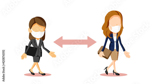 距離を空けて通勤するスーツ姿の女性2人のイラスト	