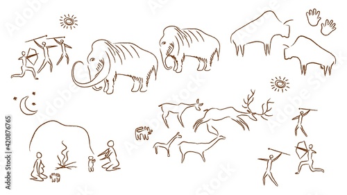 Ancient rock paintings illustration. Prehistoric cave paintings of primitive people hunting mammoths and deer making cromagnan women campfires and playing with vector children.