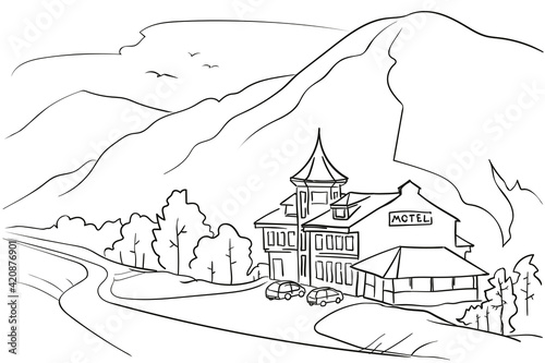 Motel on a mountain road, graphic drawing