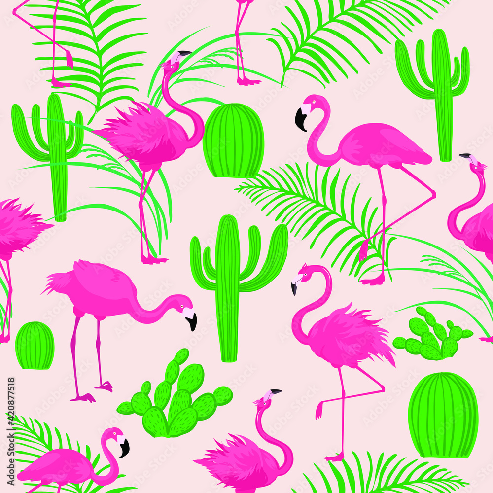 Pink flamingos on a background of cacti and exotic foliage. Seamless pattern. Pink flamingos on a background of cacti and exotic foliage. Seamless pattern.