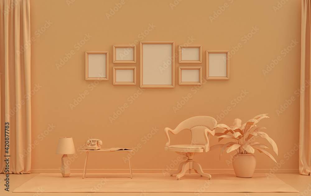 Fototapeta premium Mock-up poster gallery wall with 7 frames in solid pastel orange pinkish room with furnitures and plants, 3d Rendering