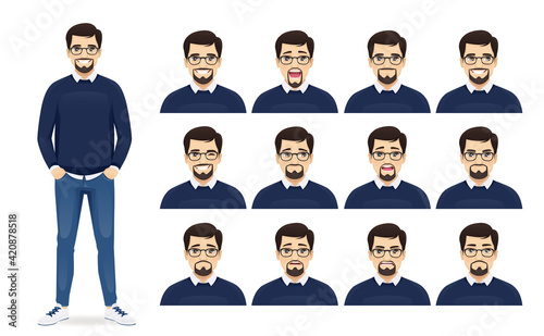 Handsome bearded man expression set