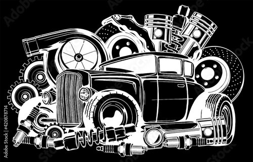Vector illustration of Car Spares Frame and parts silhouette in black background