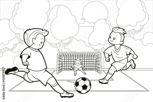 Coloring book; two teenage boys play a soccer ball on the background of a football field. Vector illustration in cartoon style, black and white line art