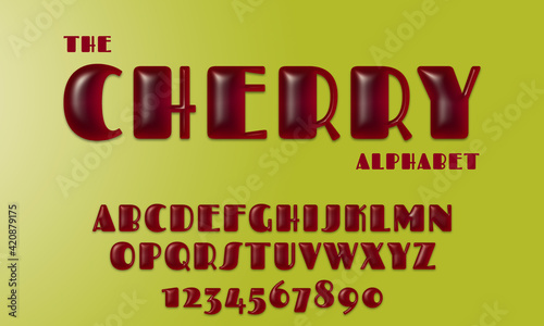 Red glossy cherry alphabet letter set and numbers, 3D rendering, creative uppercase font design for food and candy concepts