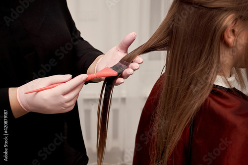 A gloved hairdresser paints the hair of a female client with a brush and paint. Taking care of your hair. Beauty salon.