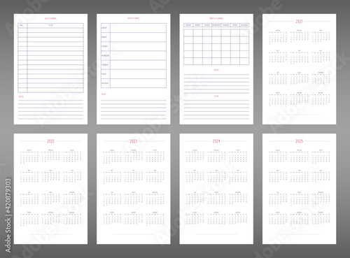 2022 2023 2024 2025 calendar daily weekly monthly personal planner diary template in cute minimalists style. individual schedule calendar for notebooks. Week starts on sunday