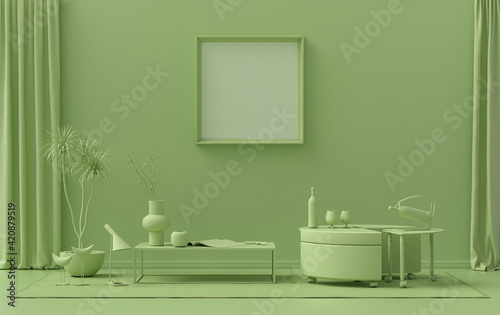 Single Frame Gallery Wall in light green color monochrome flat room with furnitures and plants  3d Rendering