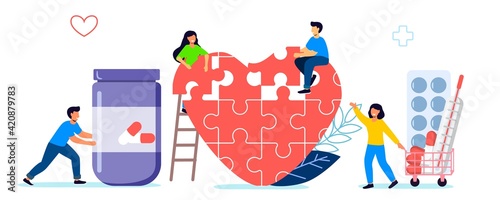 World Heart Day Health care awareness Health care team working together in unity and managing abstract heart puzzle jigsaw symbol Tiny people character concept vector illustration