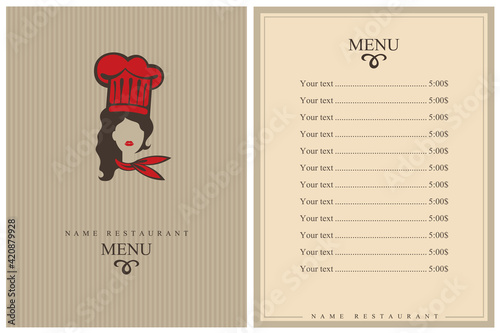 template restaurant menu design with lady chef
