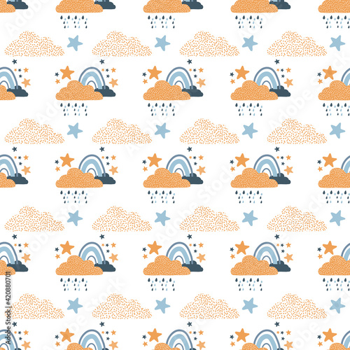Trendy seamless repeating scandinavian pattern from rainbow, raining clouds and stars.