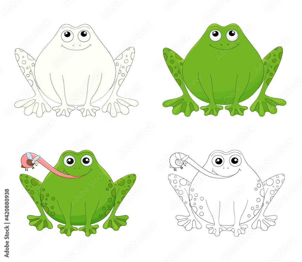 Obraz premium Cute cartoon frogs. Outline coloring book page green frog collection. Vector amphibian animal characters set isolated on white. Hand drawn little frogs. Coloring book template. froggy silhouette.