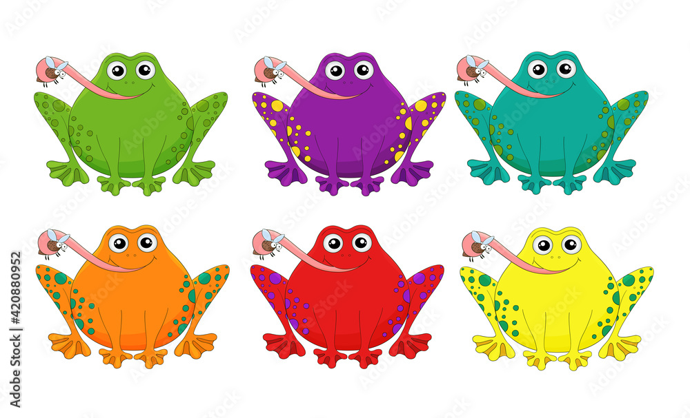 Vetor de Cute cartoon frogs. Vector amphibian animal characters set ...