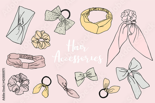 Collection of cute doodled vector hair accessories like scrunchies and hair bands on background.