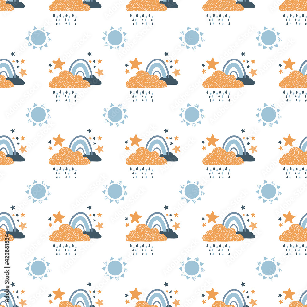 Vector colored seamless repeating simple pattern with hand-drawn rainbow, cloud, stars and sun on a white background.