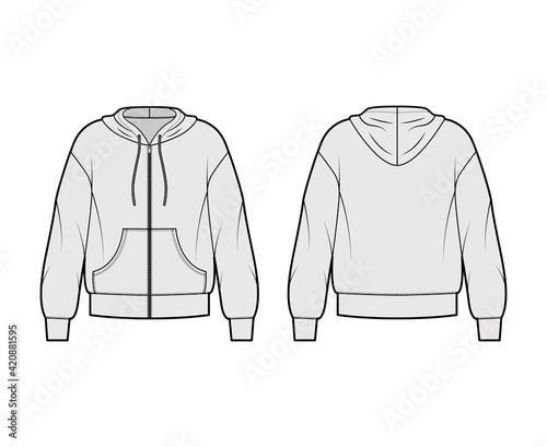 Zip-up Hoody sweatshirt technical fashion illustration with long sleeves, oversized body, kangaroo pouch, banded hem. Flat large apparel template front, back, grey color. Women, men, unisex CAD mockup