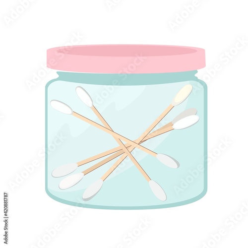 Organic wooden cotton swabs. Bathroom vanity glass organizer isolated on white background. Realistic cotton buds. Zero waste.Trendy hand-drawn cartoon vector flat illustration.