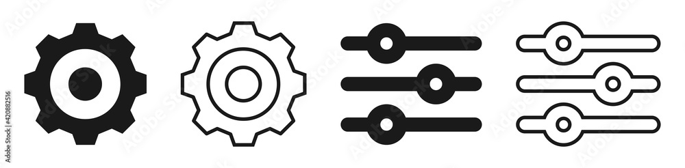 Setting black icon set. Isolated option symbols on white background. Gear cogwheel settings, basic app options. Config glyph filled and outline. Vector illustration. Setting black icon set. Isolated option symbols on white background. Gear cogwheel settings, basic app options. Config glyph filled and outline. Vector illustration.